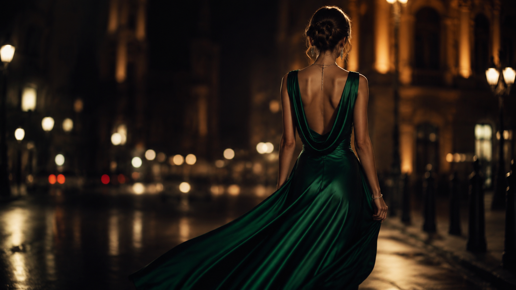Woman in emerald satin evening gown against city lights at night